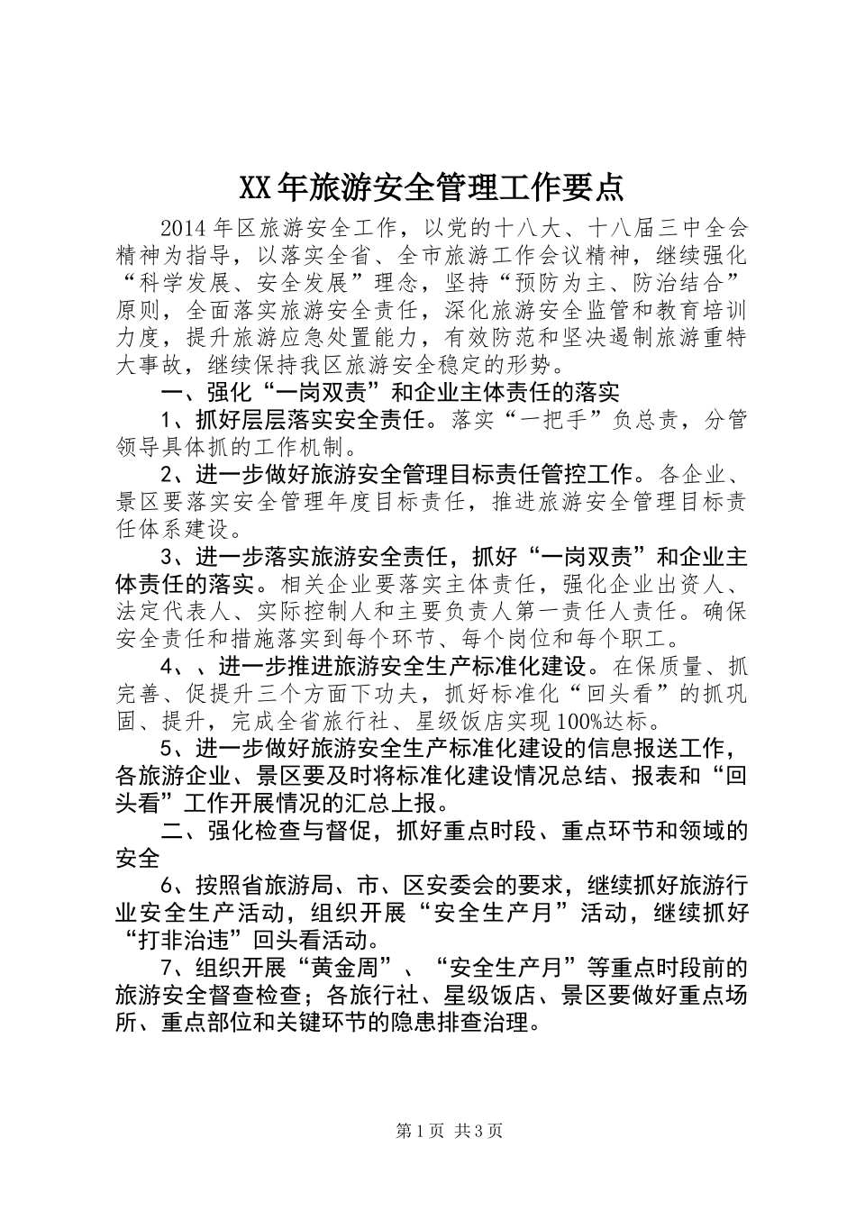 XX年旅游安全管理工作要点_第1页