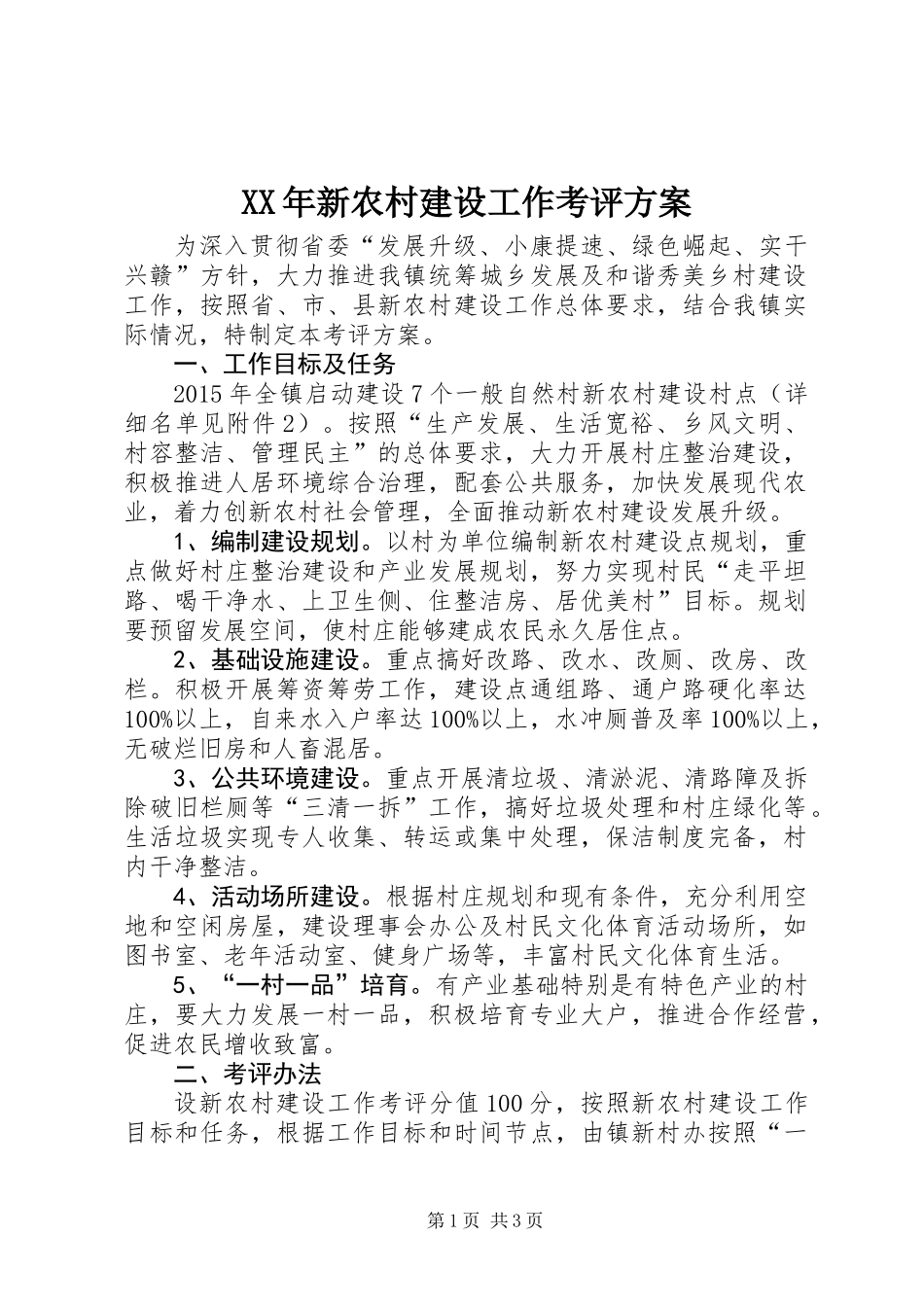 XX年新农村建设工作考评方案_第1页
