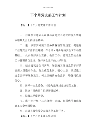 下个月党支部工作计划