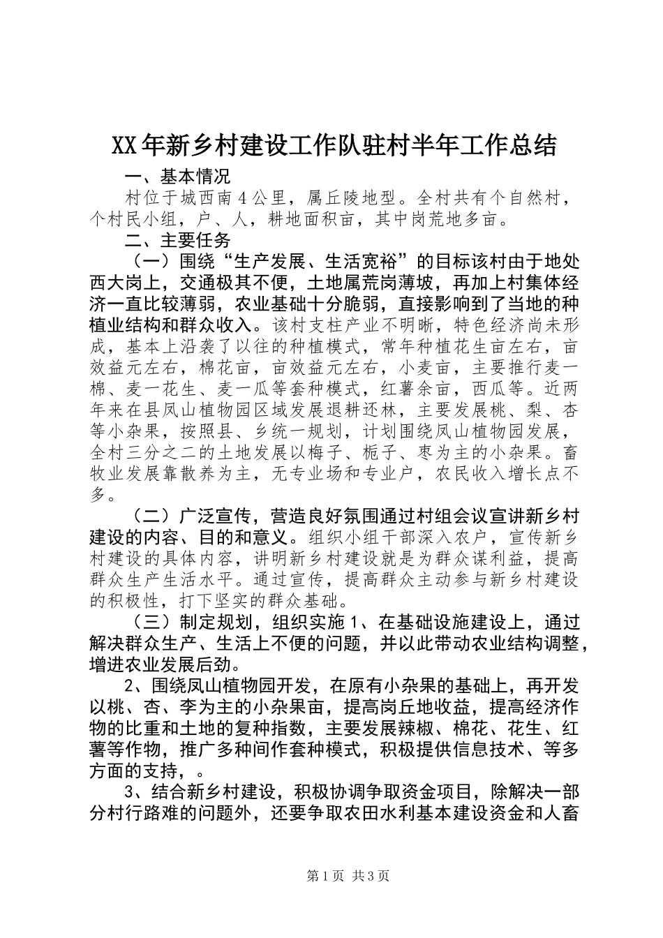 XX年新乡村建设工作队驻村半年工作总结_第1页