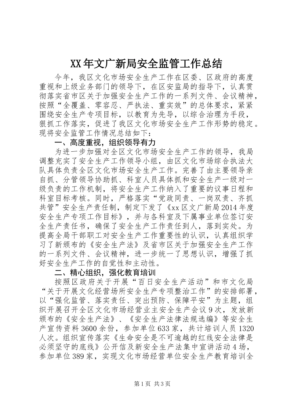 XX年文广新局安全监管工作总结_第1页