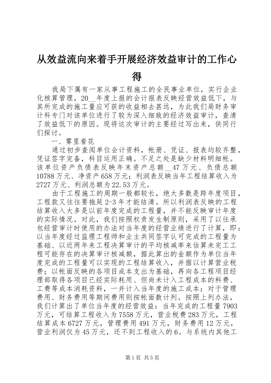 从效益流向来着手开展经济效益审计的工作心得_第1页