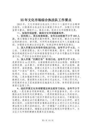 XX年文化市场综合执法队工作要点