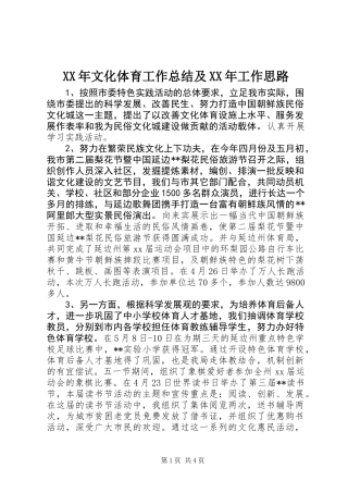 XX年文化体育工作总结及XX年工作思路