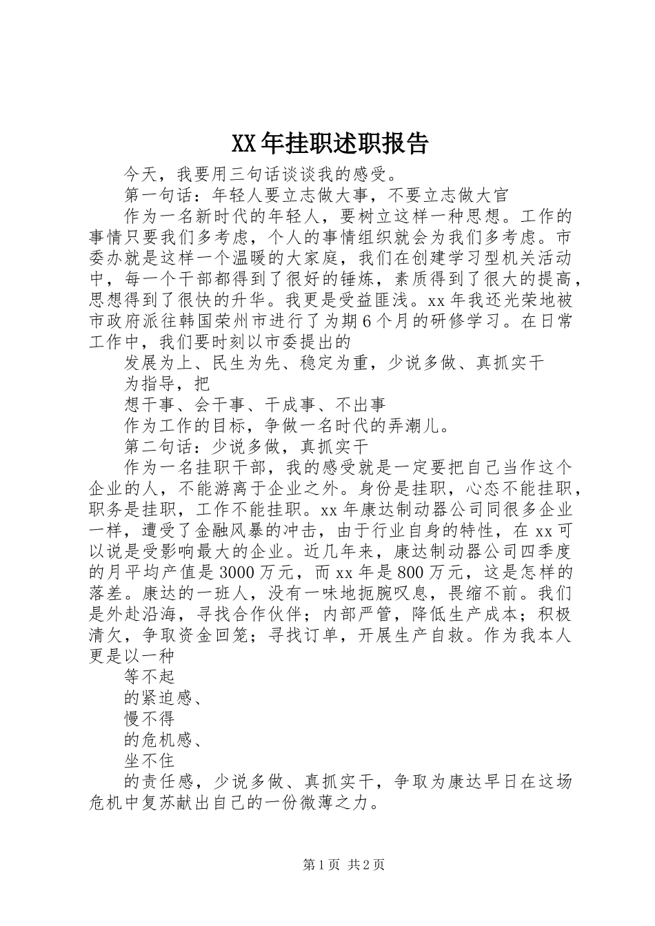 XX年挂职述职报告_第1页