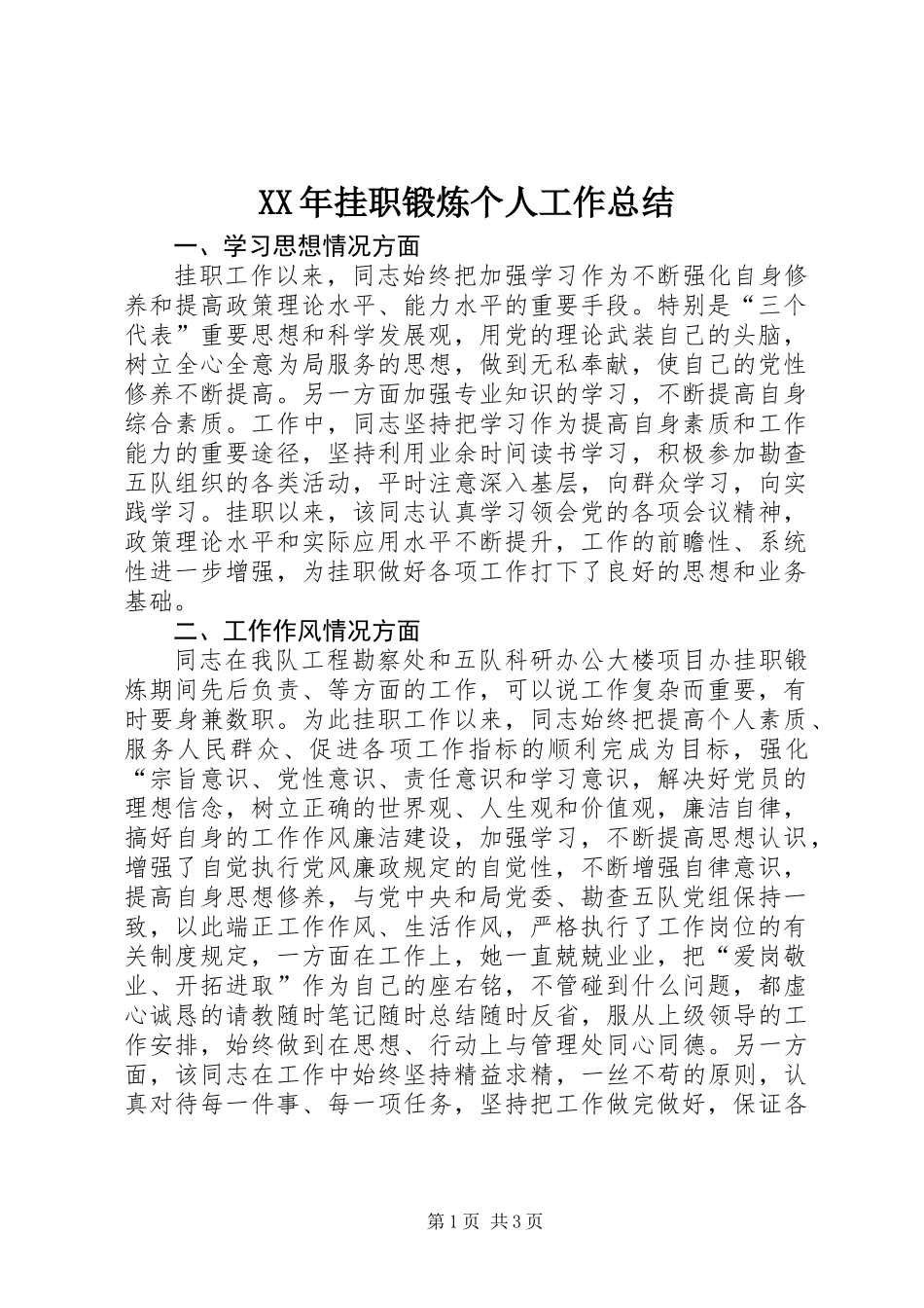 XX年挂职锻炼个人工作总结_第1页