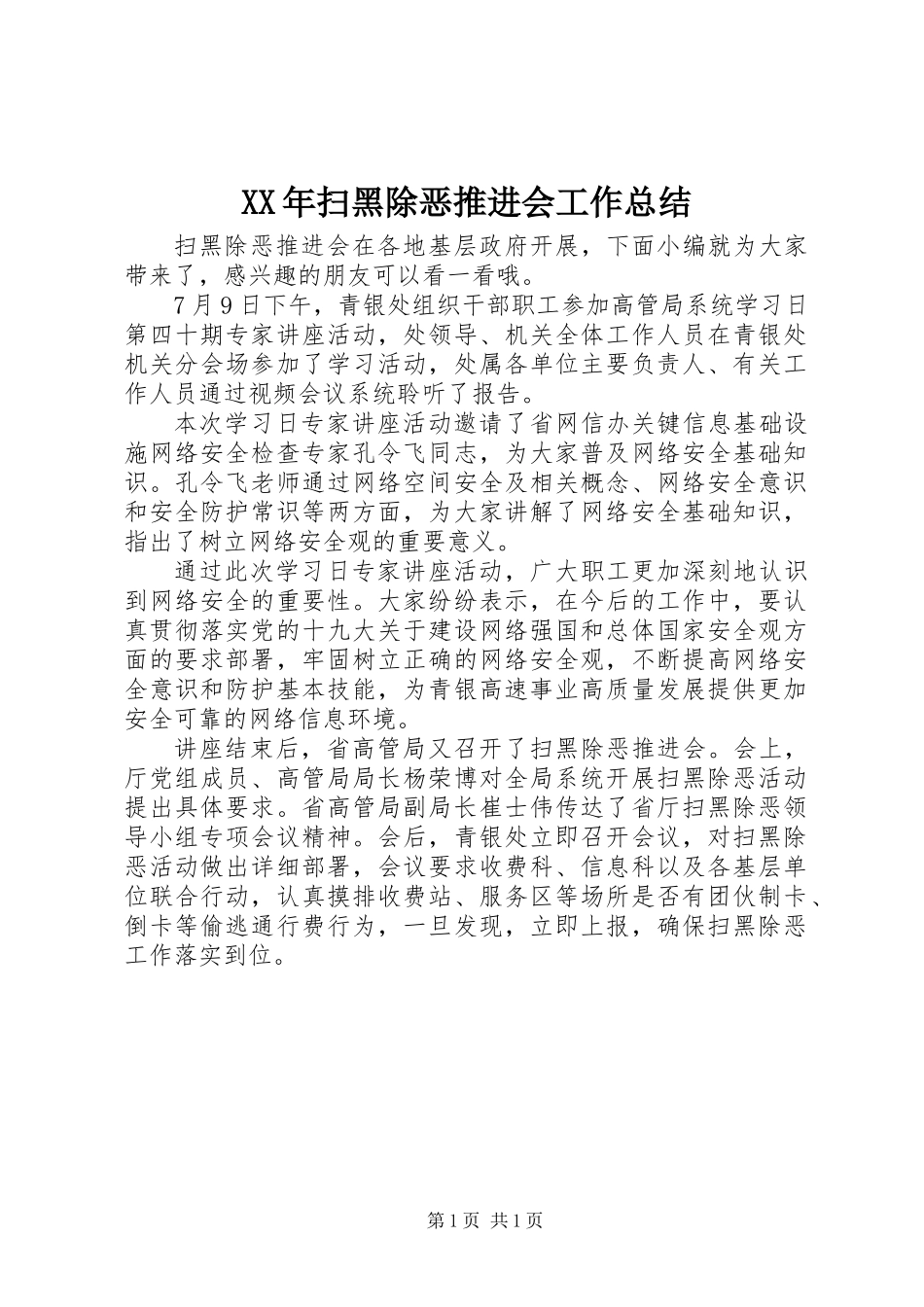 XX年扫黑除恶推进会工作总结_第1页