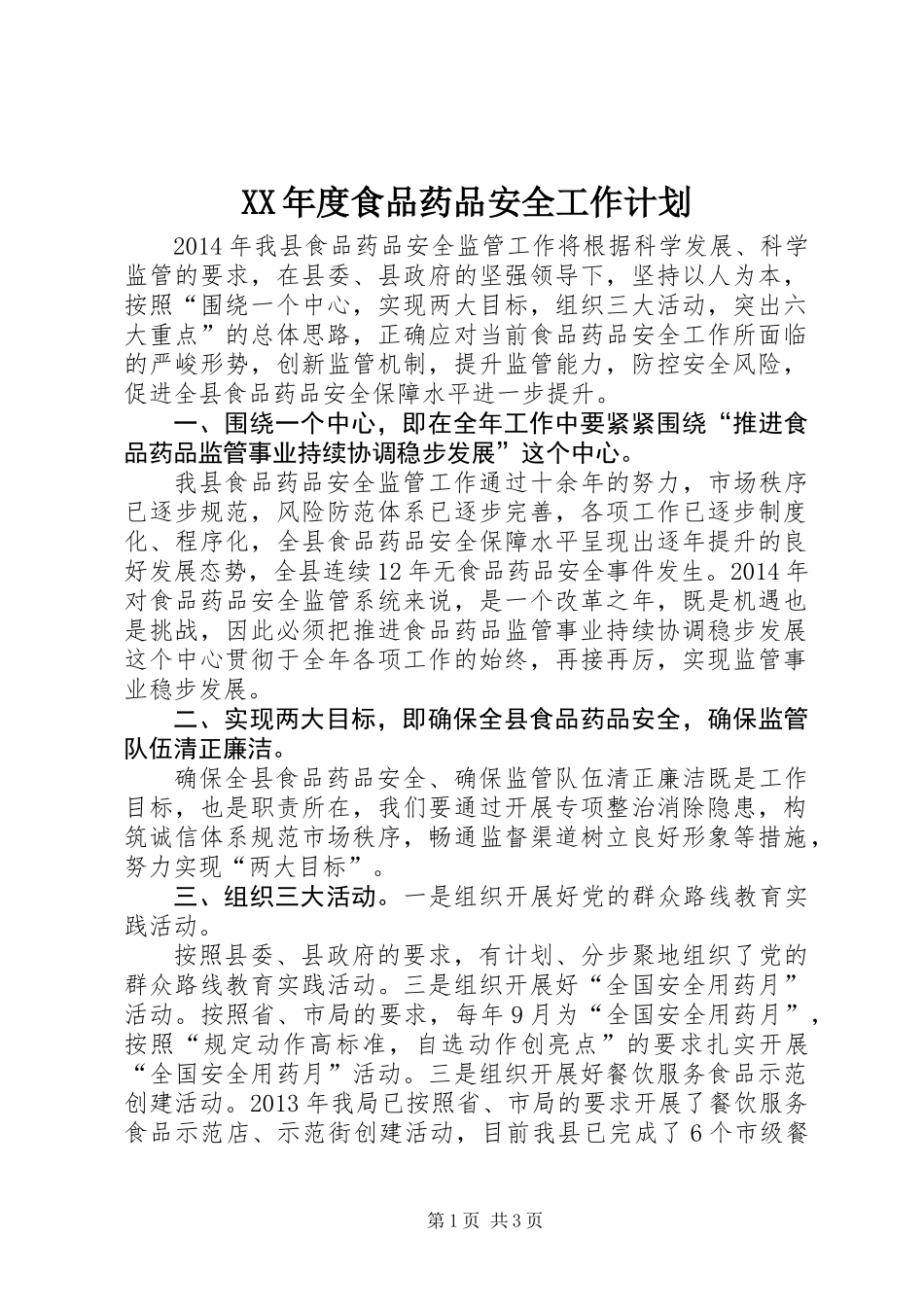 XX年度食品药品安全工作计划_第1页