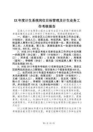 XX年度计生系统岗位目标管理及计生业务工作考核报告