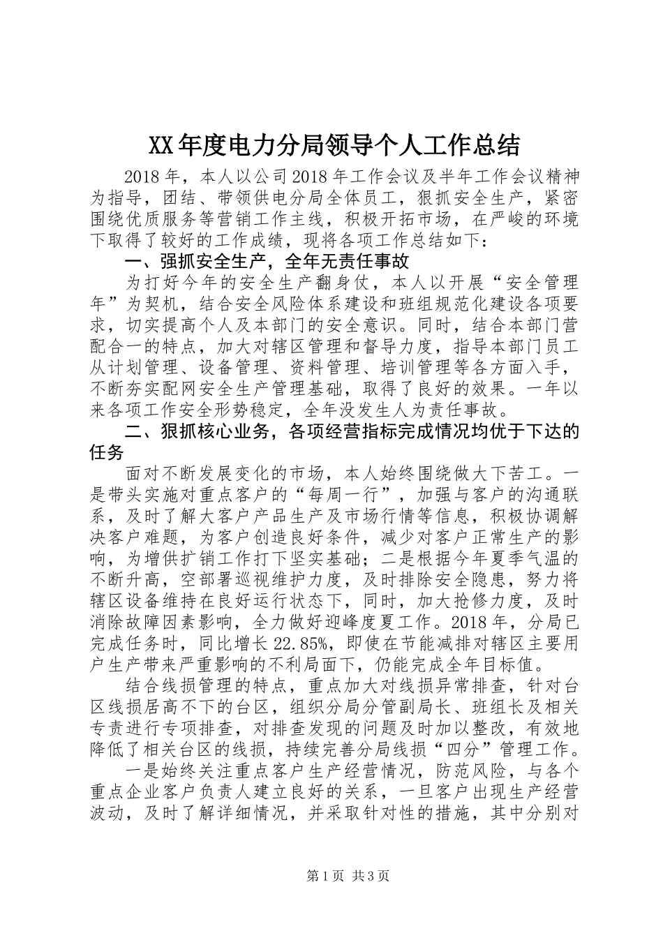 XX年度电力分局领导个人工作总结_第1页