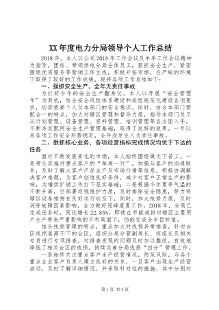 XX年度电力分局领导个人工作总结