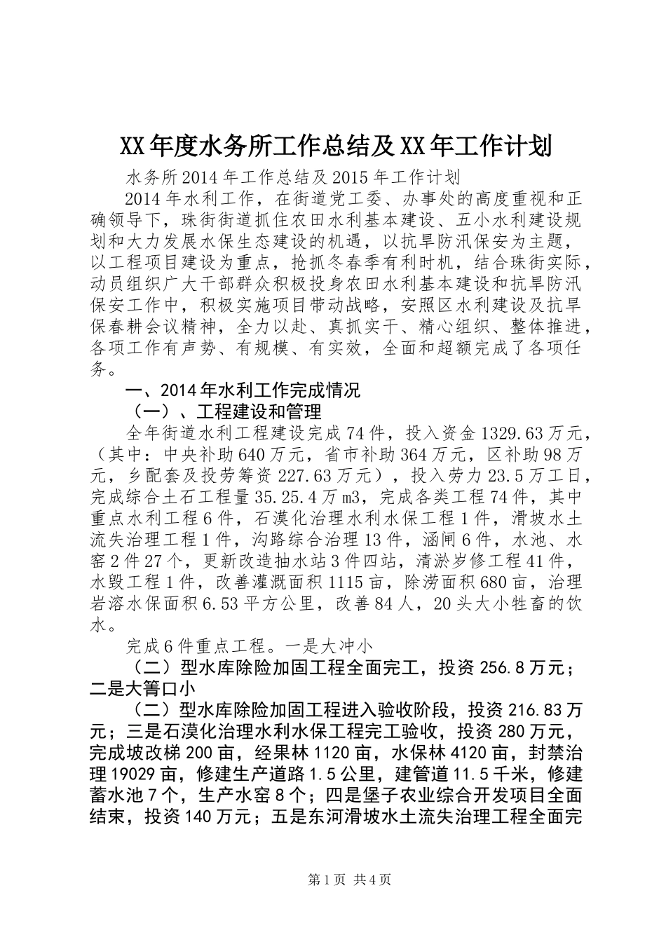 XX年度水务所工作总结及XX年工作计划_第1页