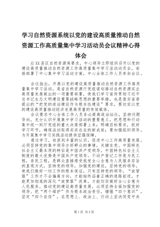 学习自然资源系统以党的建设高质量推动自然资源工作高质量集中学习活动员会议精神心得体会