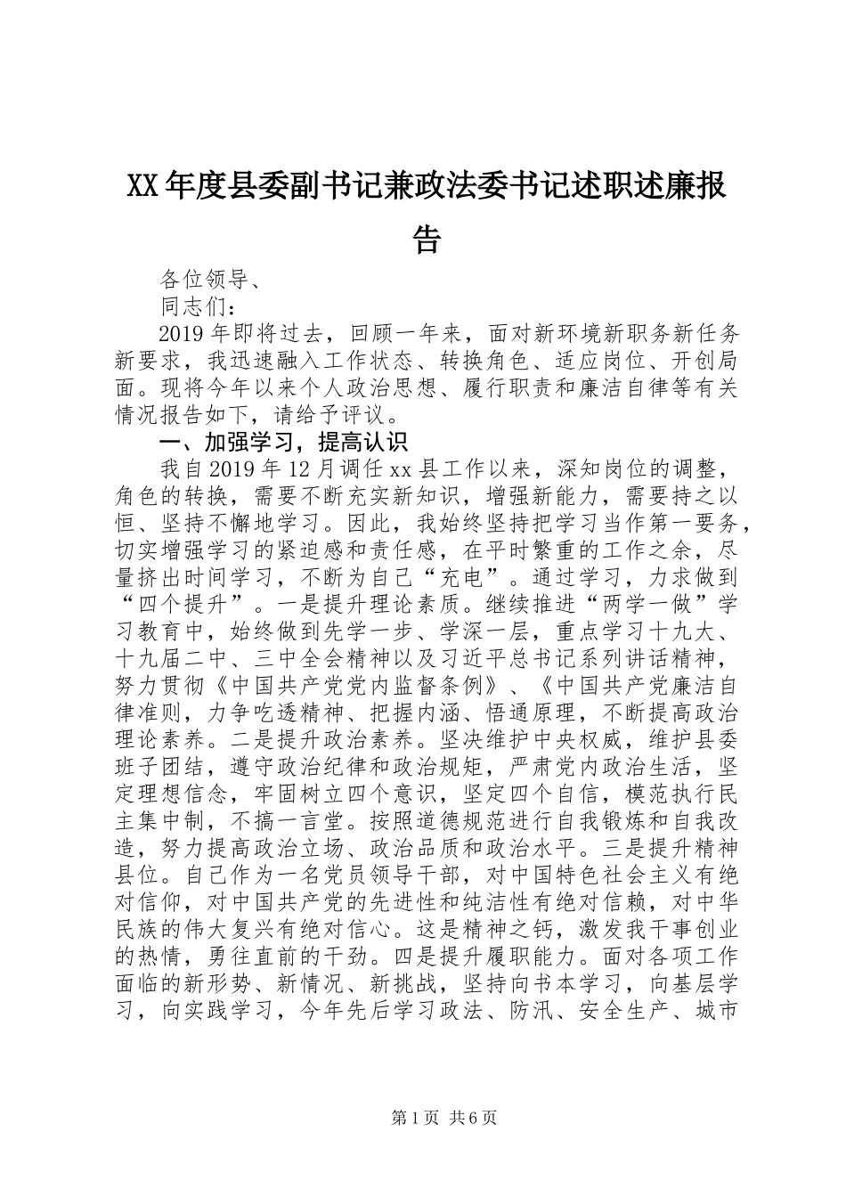XX年度县委副书记兼政法委书记述职述廉报告_第1页