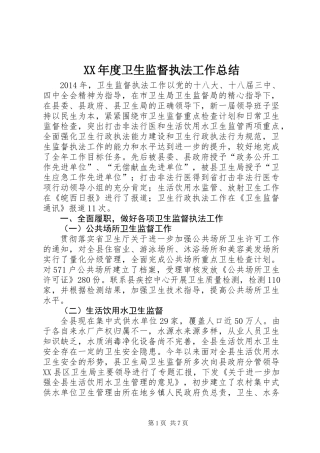 XX年度卫生监督执法工作总结