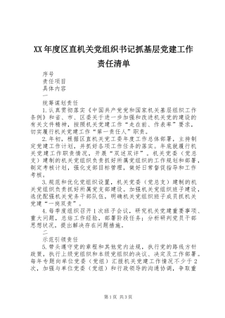 XX年度区直机关党组织书记抓基层党建工作责任清单