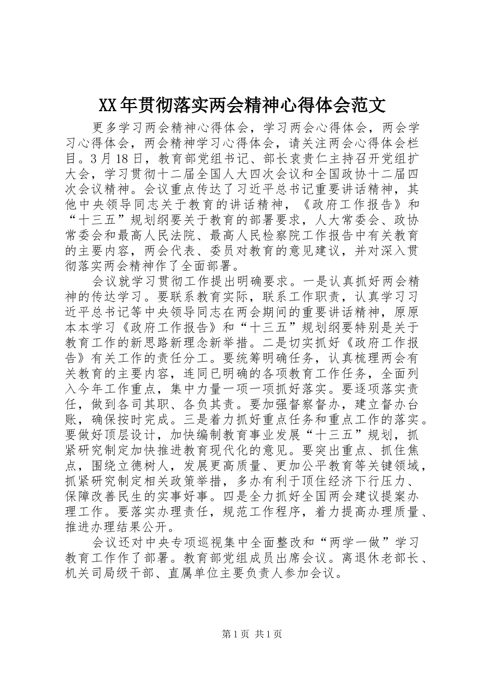 XX年贯彻落实两会精神心得体会范文_第1页