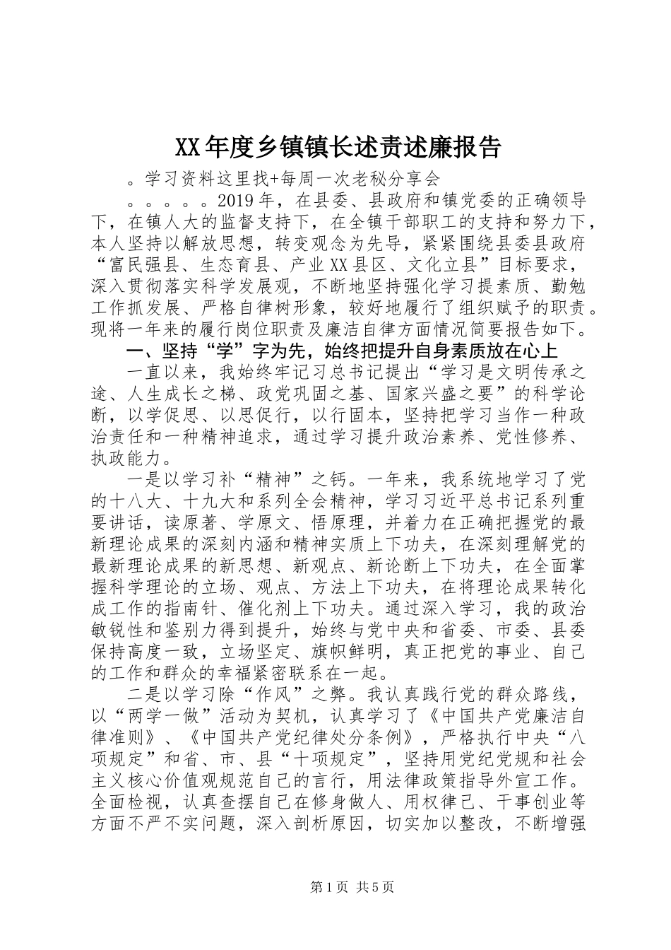 XX年度乡镇镇长述责述廉报告_第1页