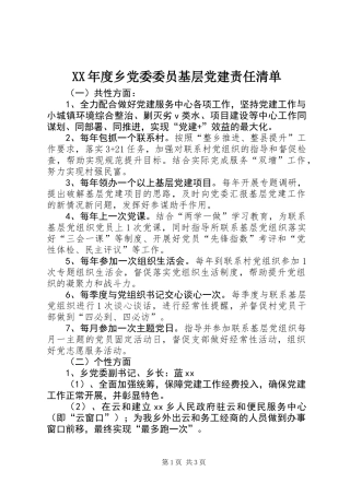 XX年度乡党委委员基层党建责任清单