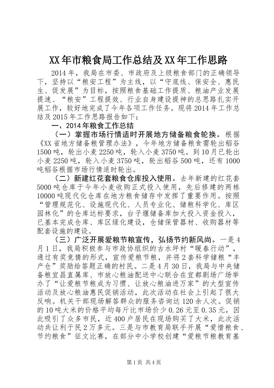 XX年市粮食局工作总结及XX年工作思路_第1页
