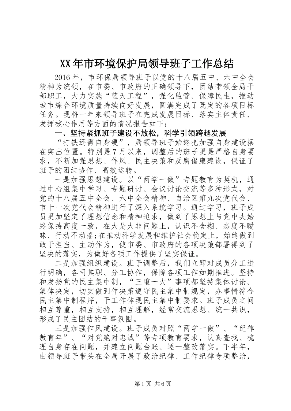 XX年市环境保护局领导班子工作总结_第1页