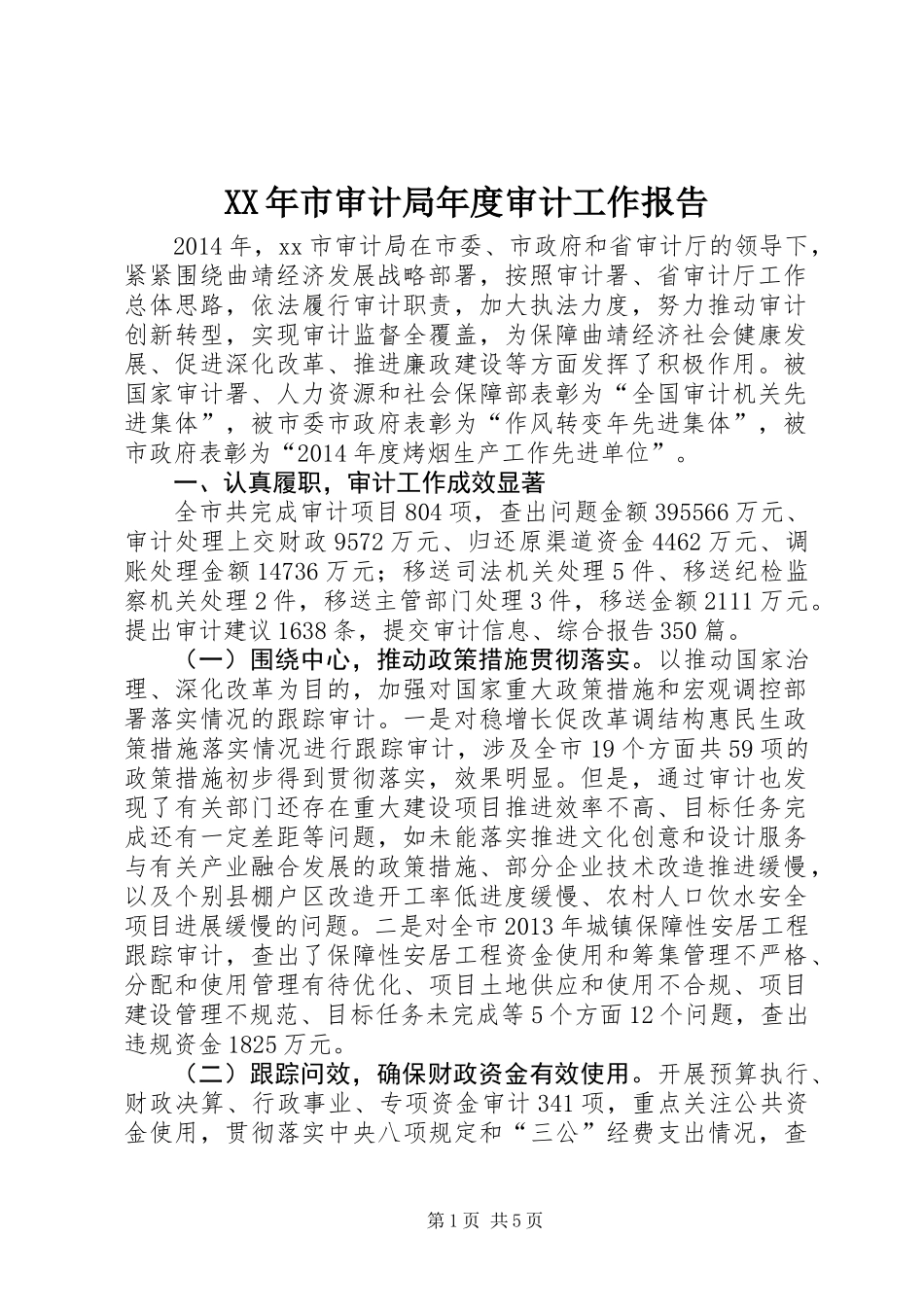 XX年市审计局年度审计工作报告_第1页