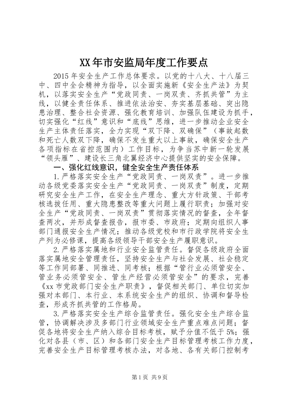 XX年市安监局年度工作要点_第1页