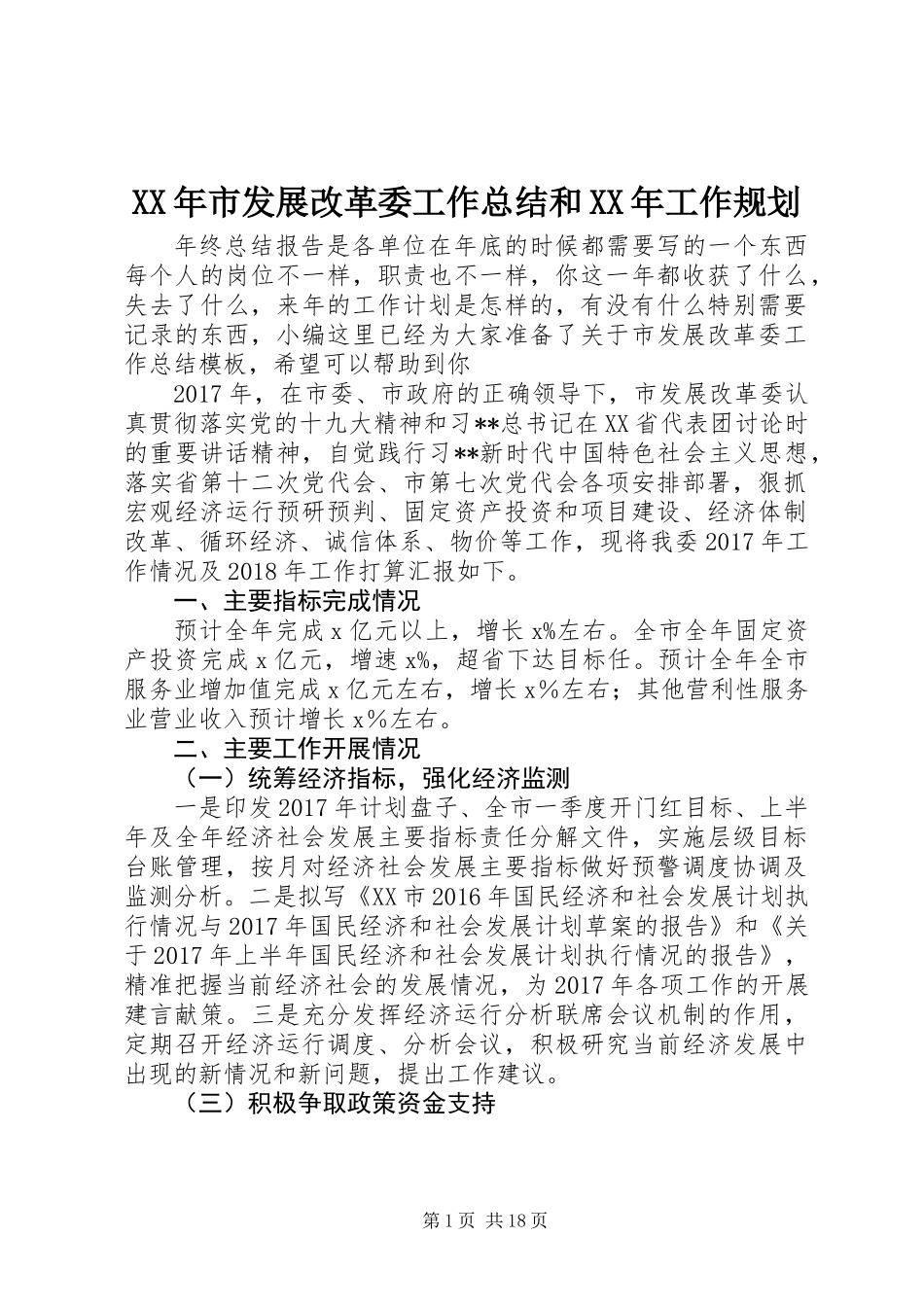 XX年市发展改革委工作总结和XX年工作规划_第1页