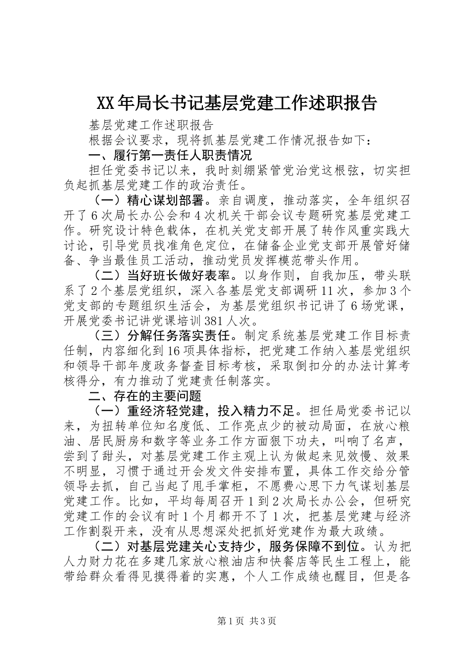 XX年局长书记基层党建工作述职报告_第1页