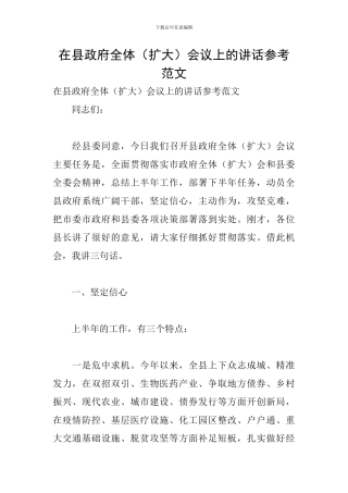 在县政府全体会议上的讲话参考范文