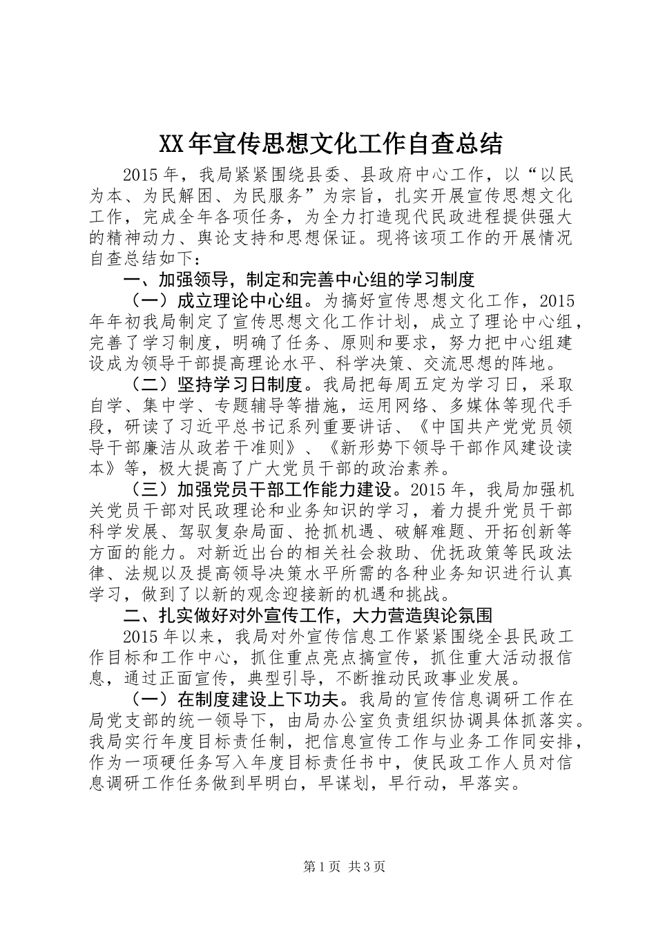 XX年宣传思想文化工作自查总结_第1页