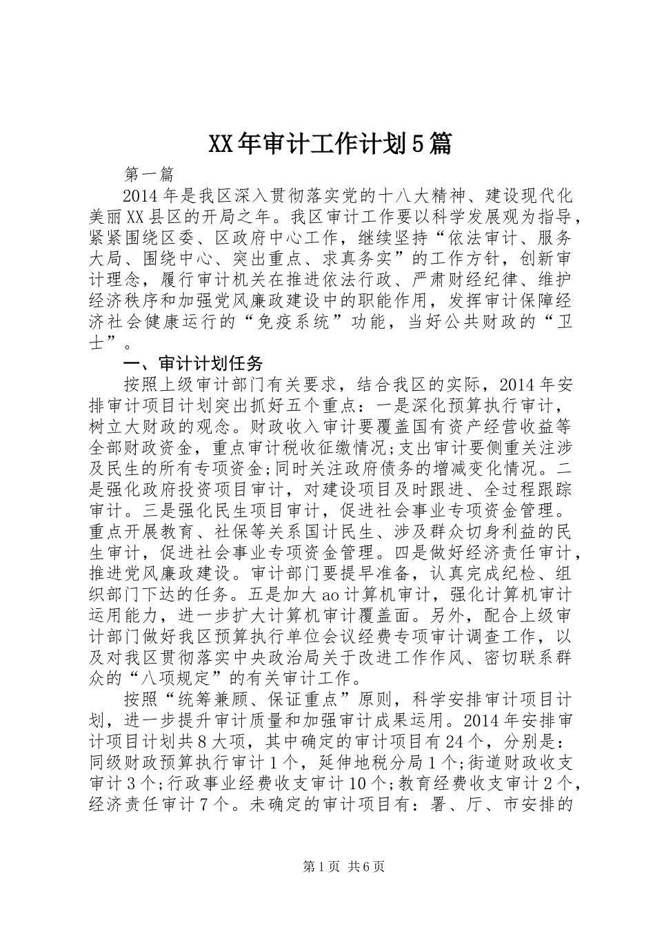 XX年审计工作计划5篇_第1页