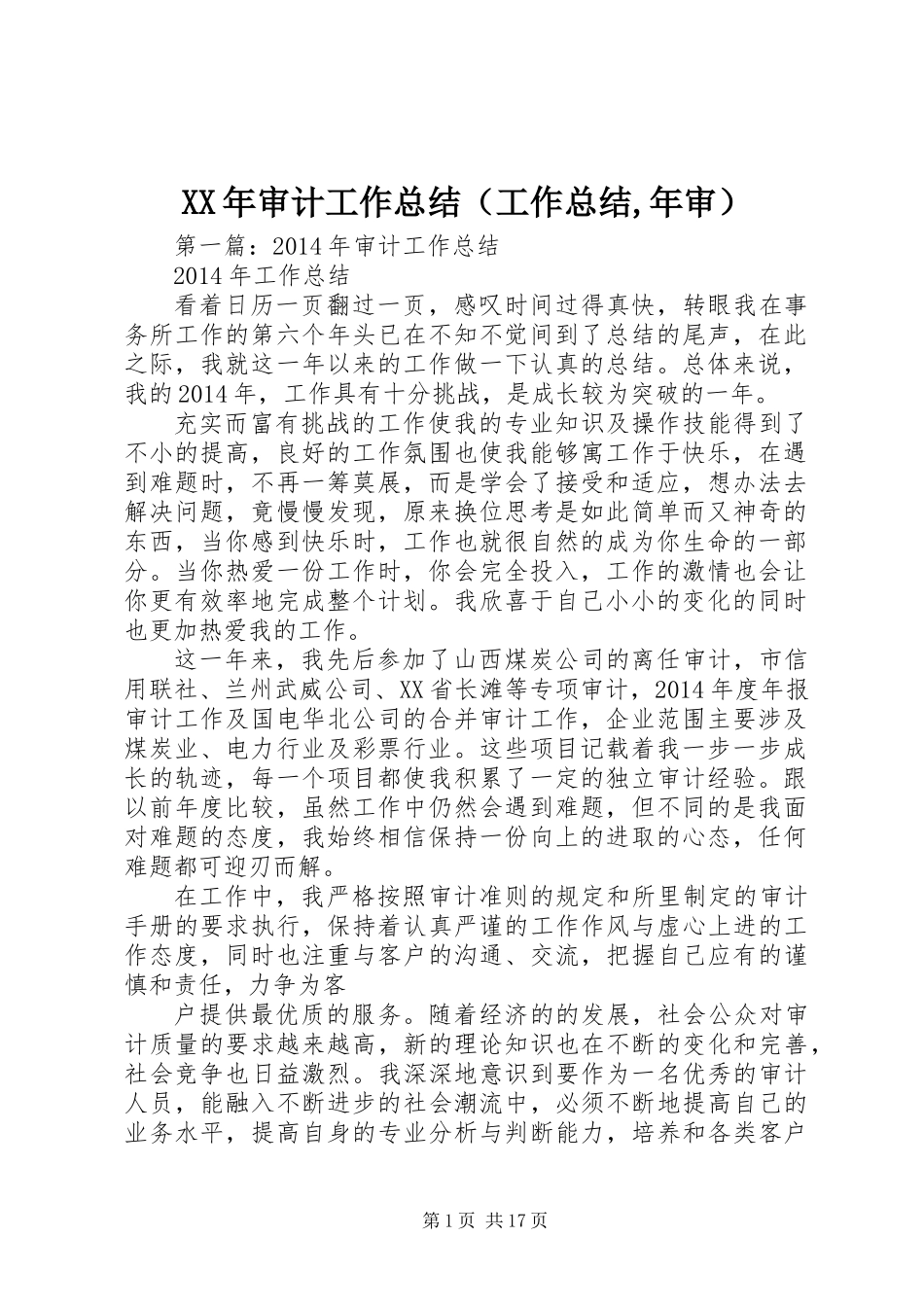 XX年审计工作总结(工作总结,年审)_第1页