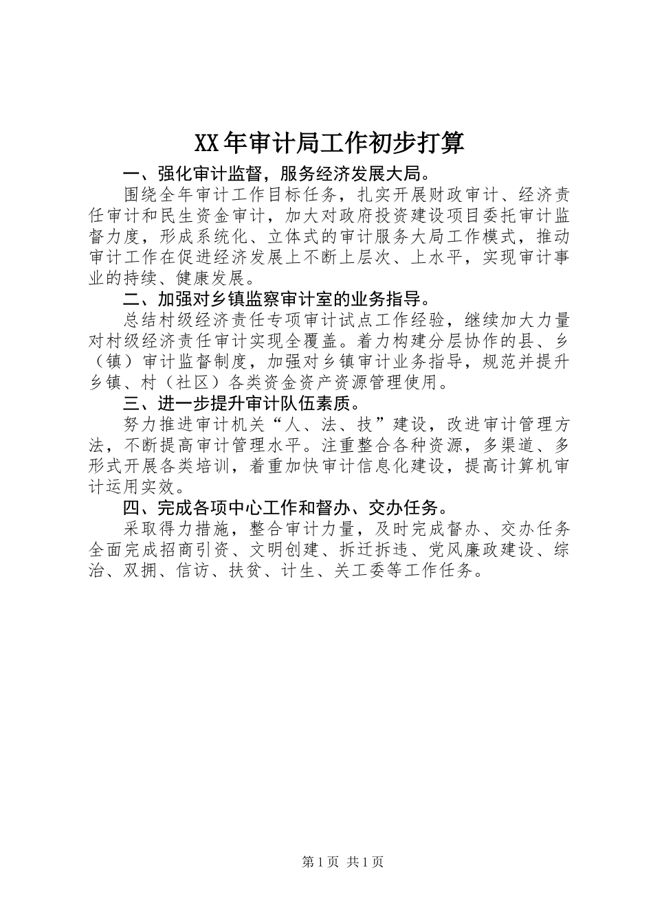 XX年审计局工作初步打算_第1页