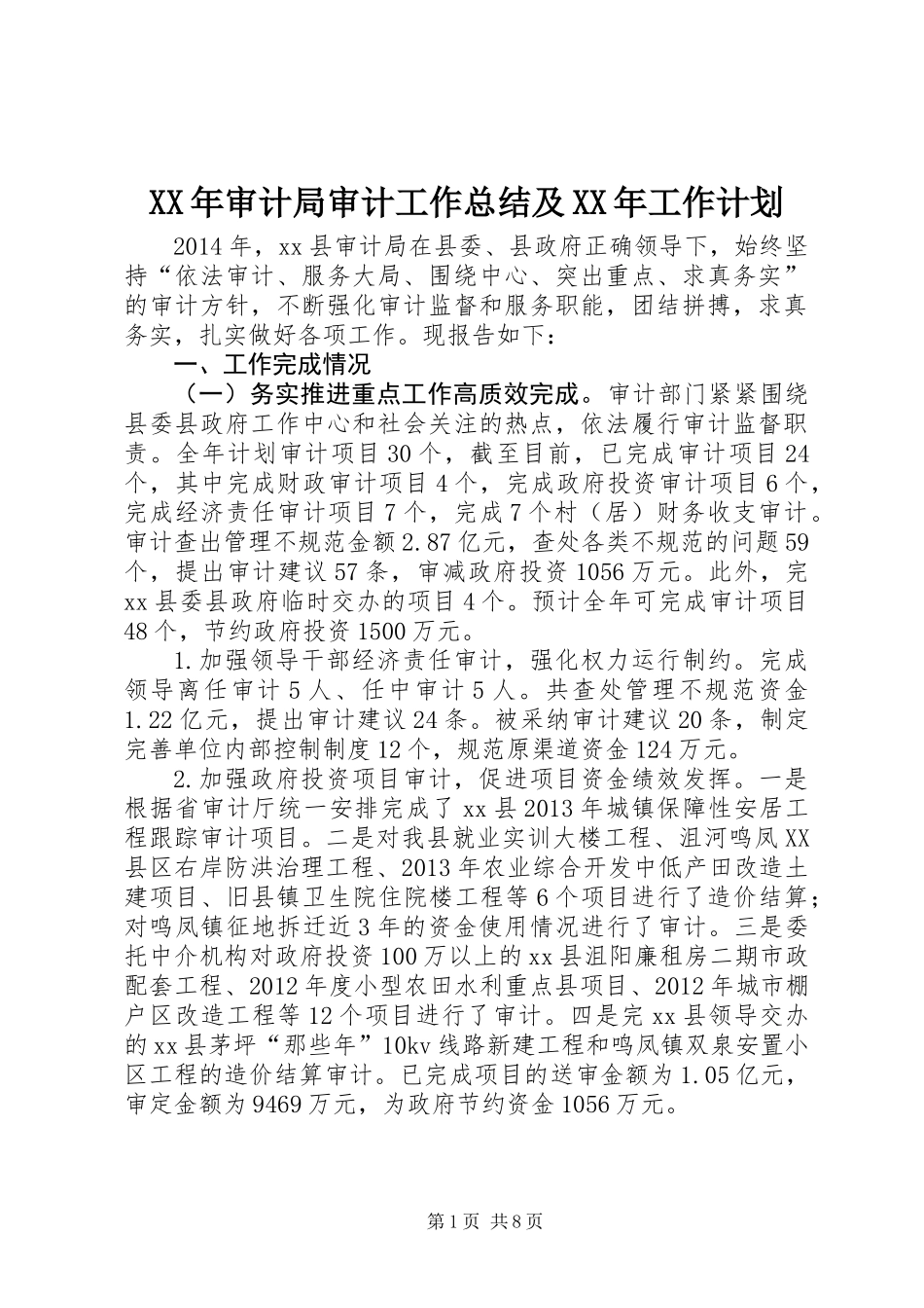 XX年审计局审计工作总结及XX年工作计划_第1页