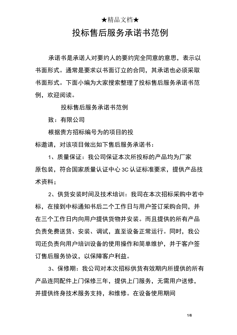 投标售后服务承诺书范例_第1页