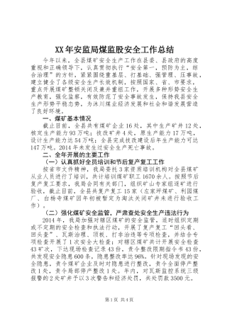 XX年安监局煤监股安全工作总结