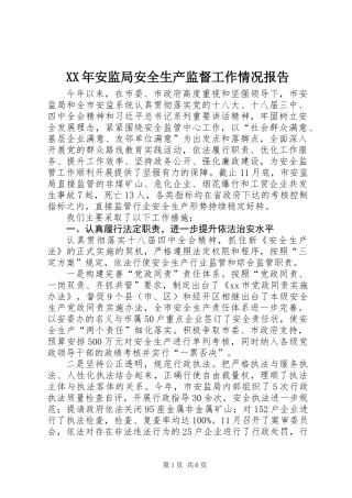 XX年安监局安全生产监督工作情况报告