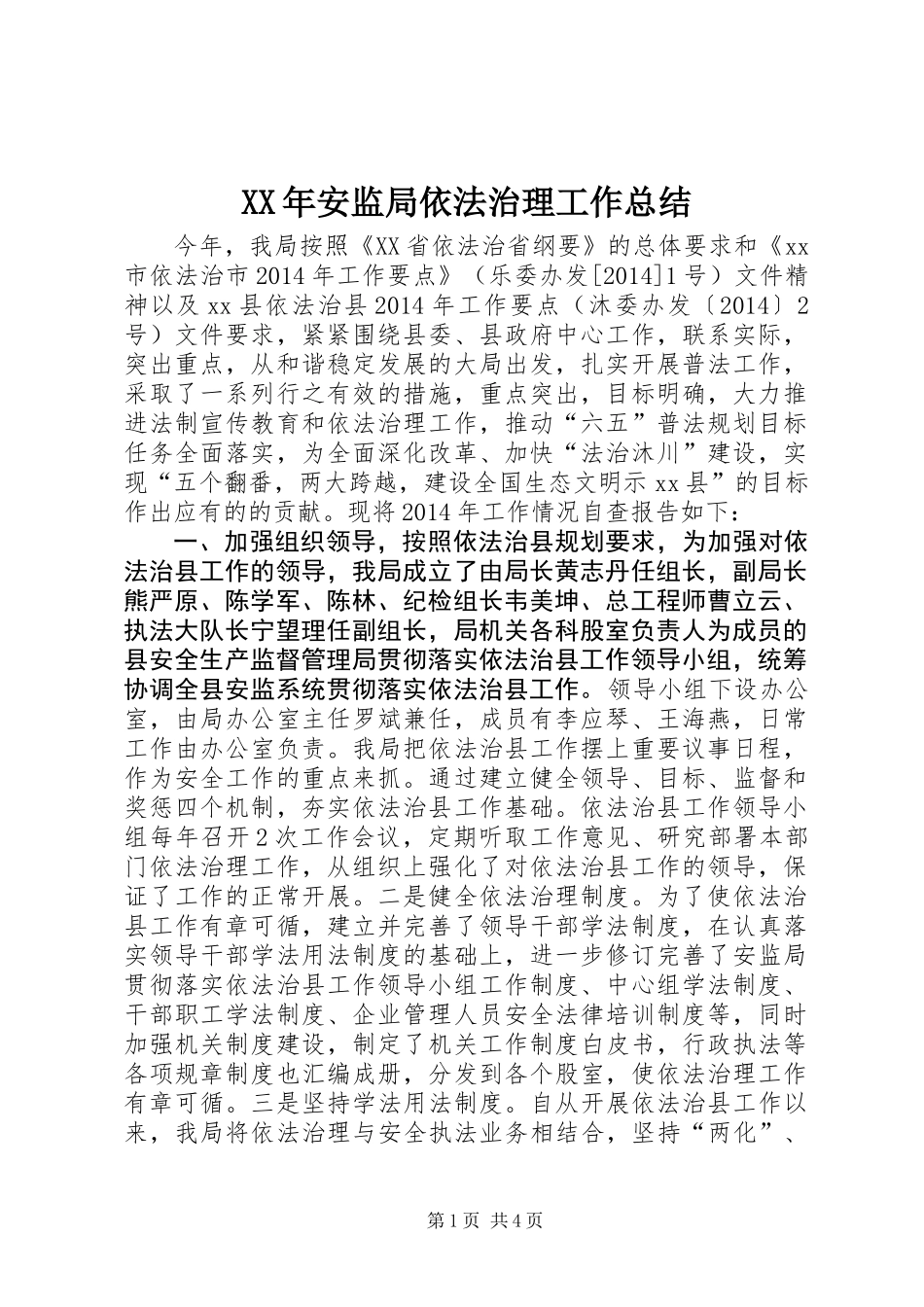 XX年安监局依法治理工作总结_第1页