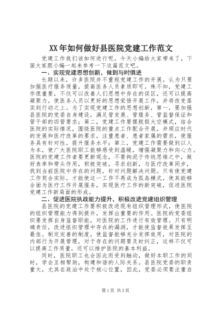 XX年如何做好县医院党建工作范文