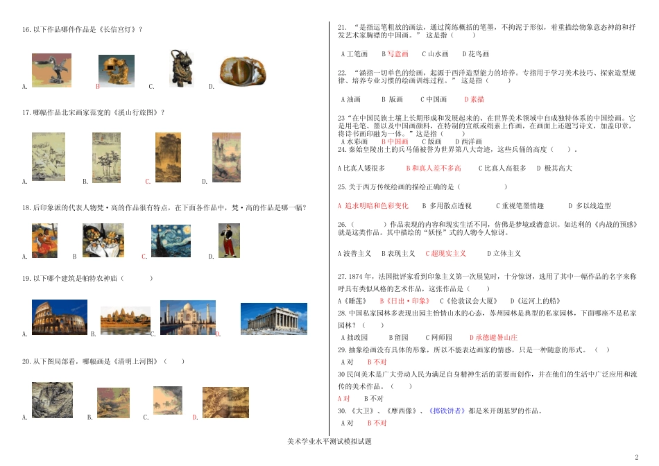 历年美术学业水平测试题集合(有图打印版) _第2页
