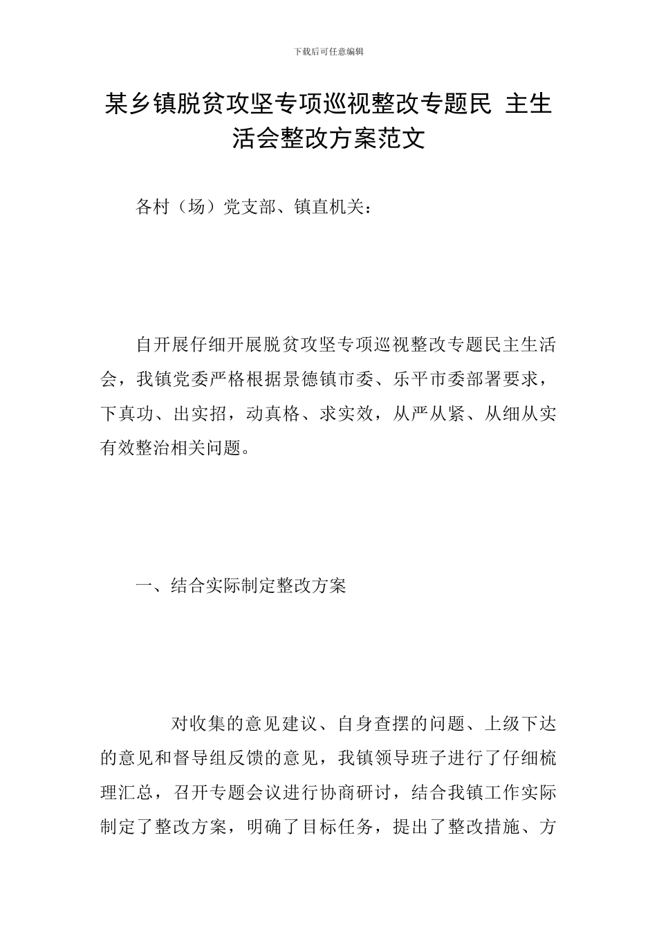 某乡镇脱贫攻坚专项巡视整改专题民-主生活会整改方案范文_第1页