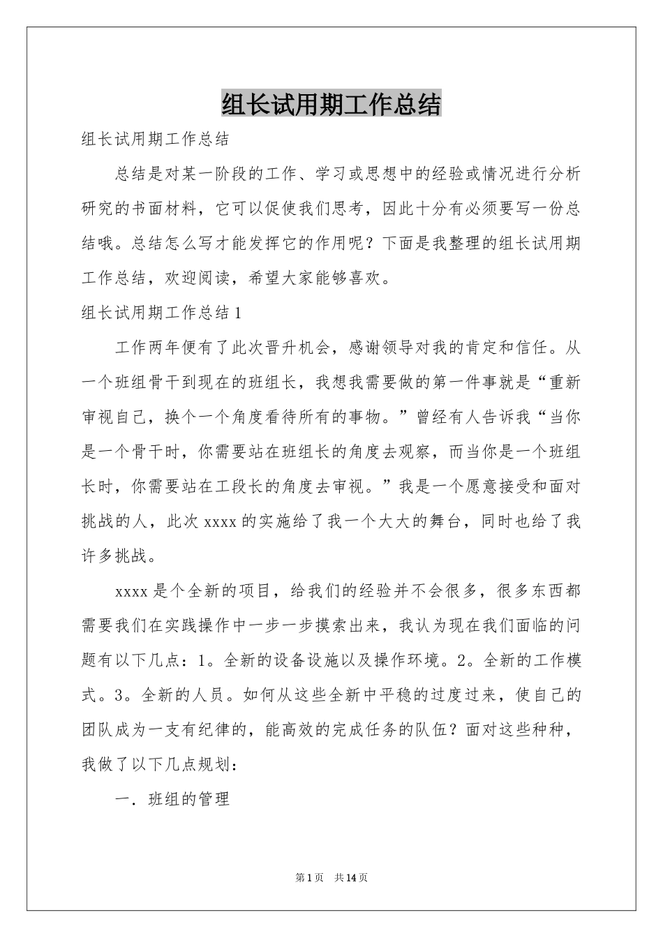 组长试用期工作参考总结_第1页