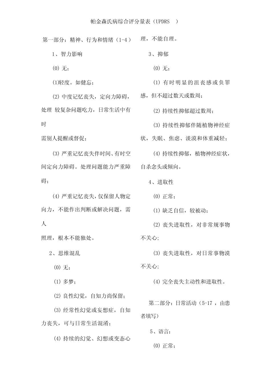 帕金森综合评分量表UPDRS _第1页