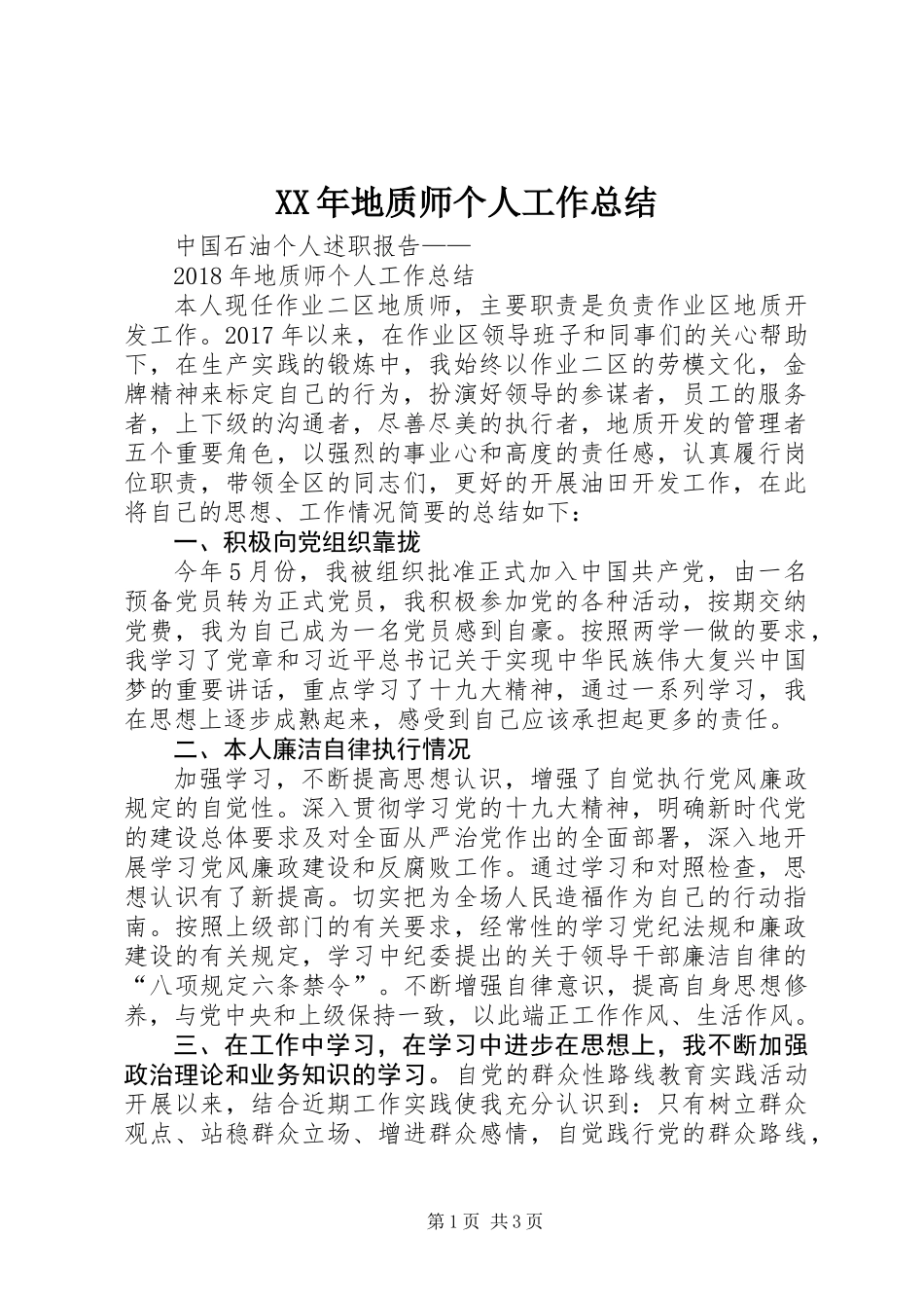 XX年地质师个人工作总结_第1页