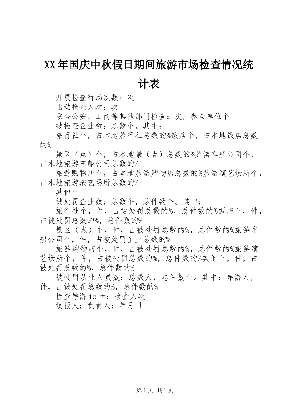 XX年国庆中秋假日期间旅游市场检查情况统计表_第1页