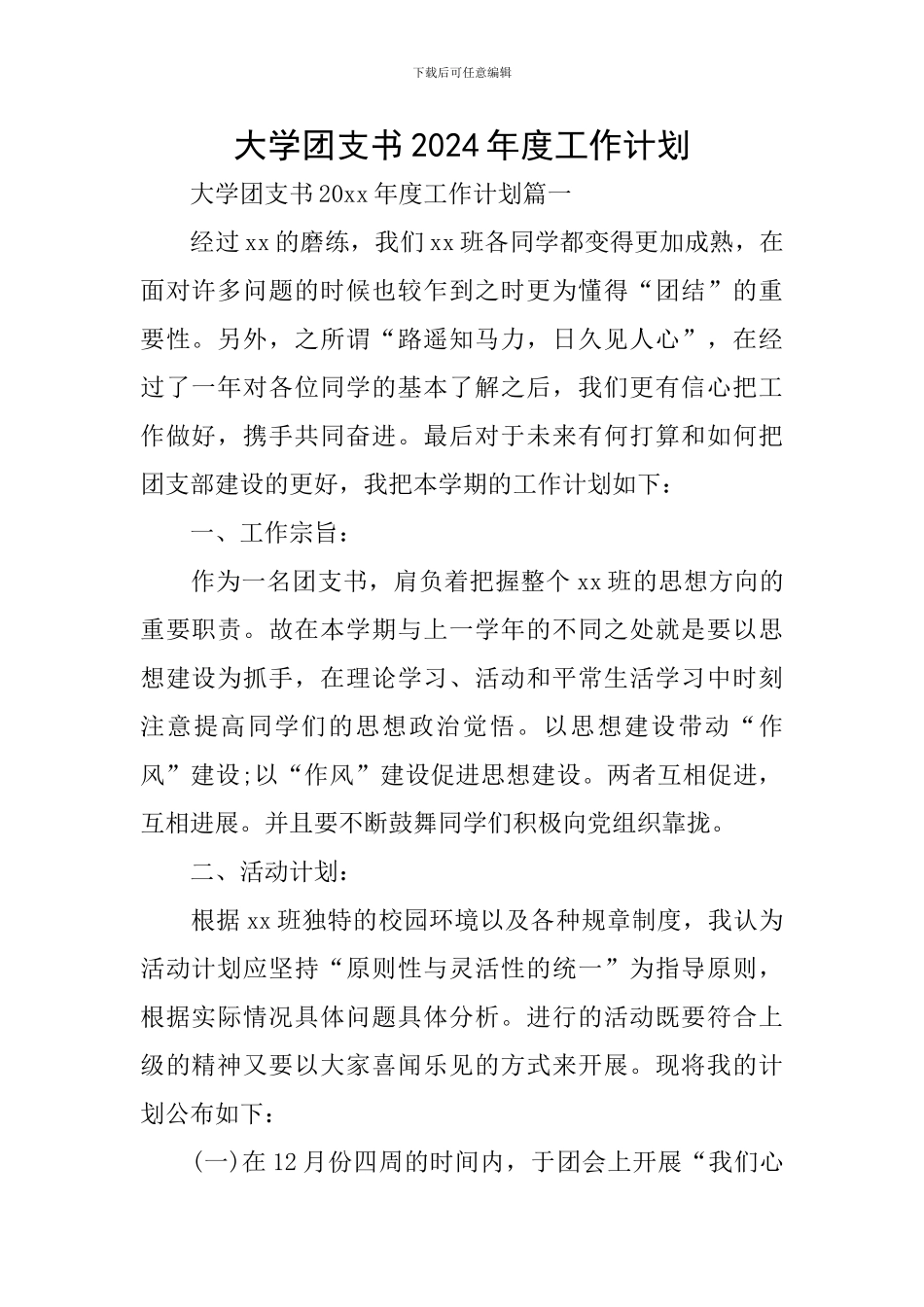 大学团支书2024年度工作计划_第1页