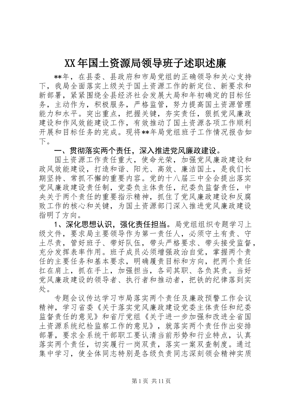 XX年国土资源局领导班子述职述廉_第1页