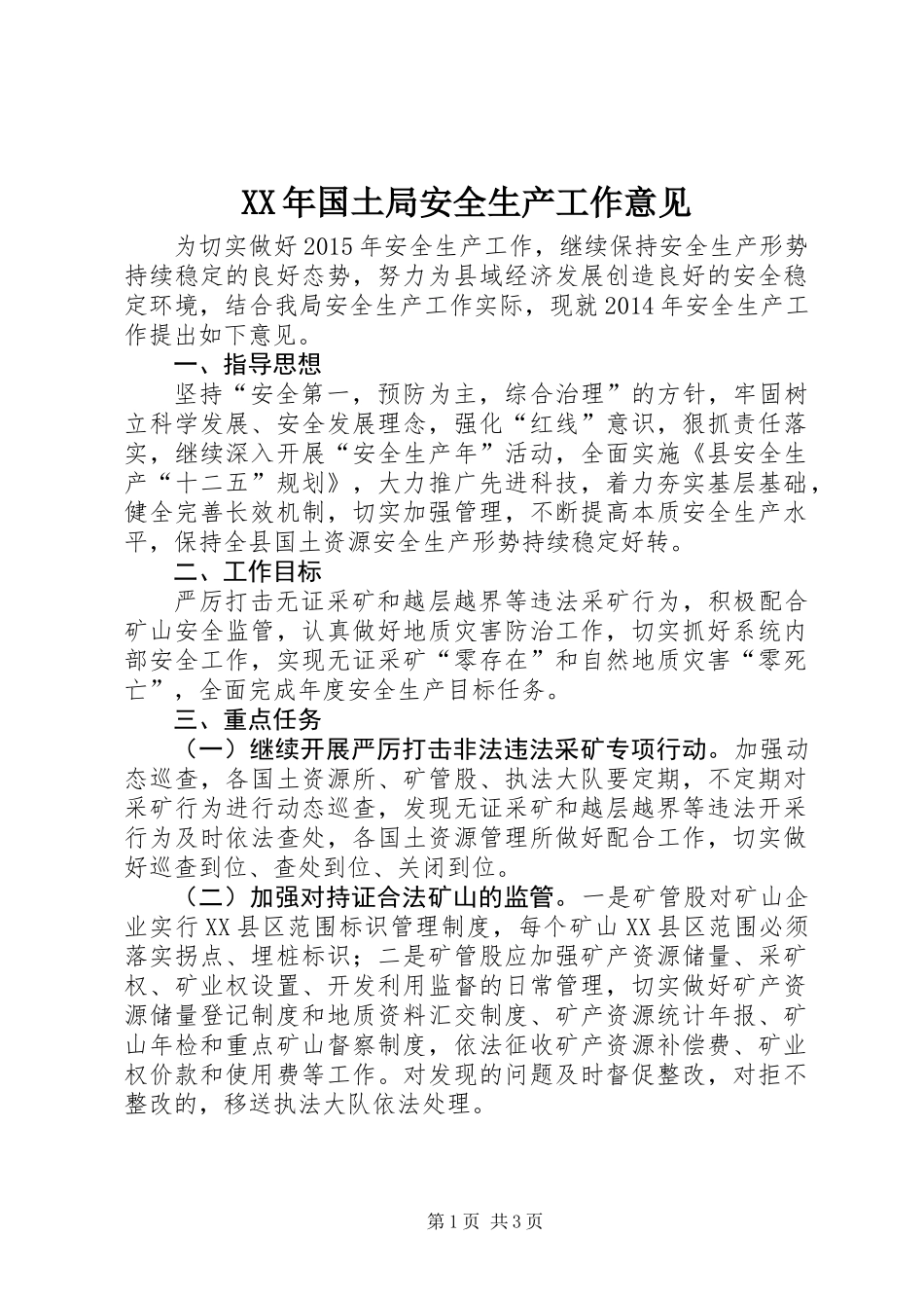 XX年国土局安全生产工作意见_第1页