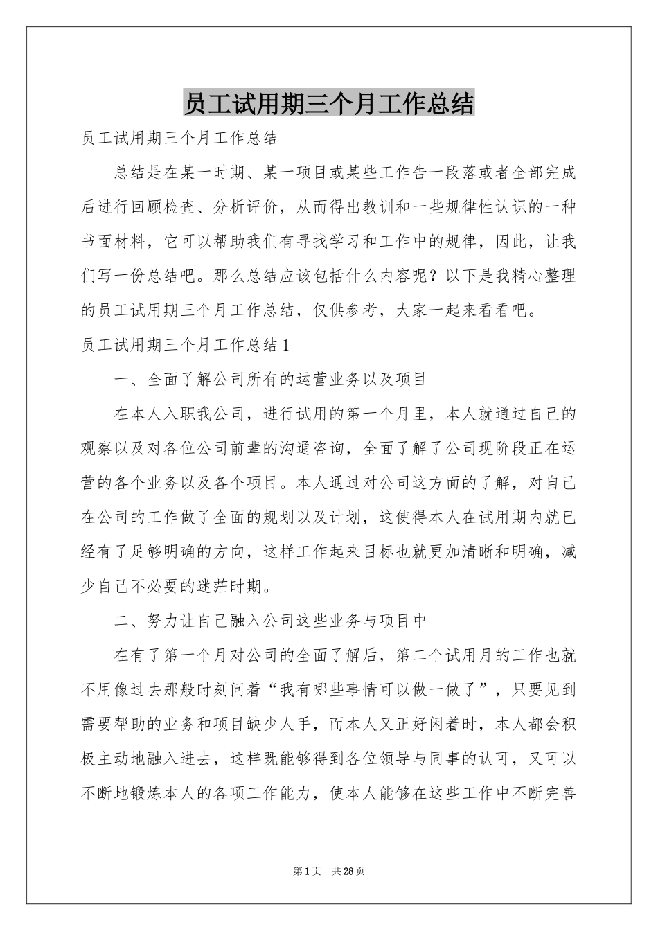员工试用期三个月工作参考总结_第1页